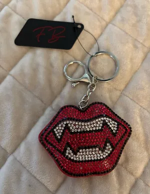 NWT- Crystal Vampire Fangs Lip Keychain - Red and Silver Rhinestone Accent thumbnail 1