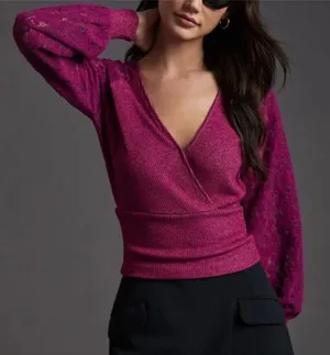 Anthropologie Lace Sleeve Women’s Medium Berry Pink Ribbed Feminine Flirty thumbnail 1