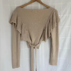 FORE Wrap long sleeve ruffle ribbed knit Sweater Tan Size M thumbnail 4