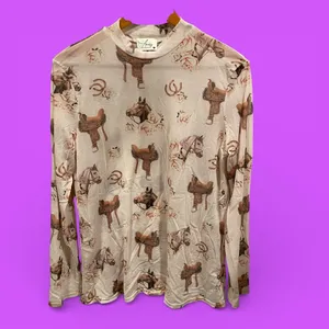 Cute Avery mesh mock long sleeve cowgirl western equestrian top stretchy sheer thumbnail 3