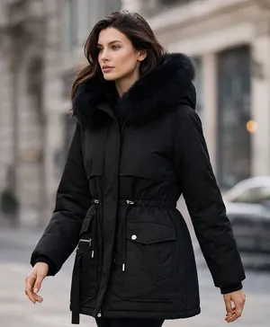 NEW with tags - Black Puffer Parka w/ Detachable Faux Fur Lining + Cinch Waist thumbnail 1