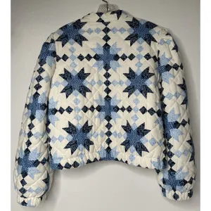 House Of Harlow 1960 Quilted Puffer Jacket Women L Cream Blue Retro Cottagecore thumbnail 2