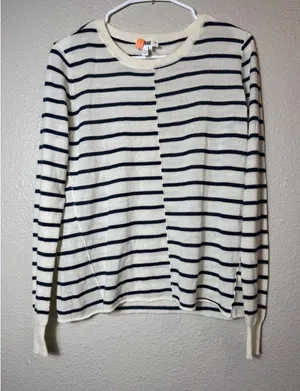 PAIGE Allie Merino Wool Blend Striped Sweater Ivory Navy Size L thumbnail 1