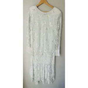 VTG Megere White Sequin Beaded‎ Dress M Long Sleeve Ruffle Hem Formal Wedding thumbnail 7