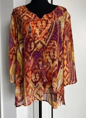 Chicos Blouse Womens Size 2 Large Multicolor Silk Sheer Beaded Tunic Top Boho thumbnail 1