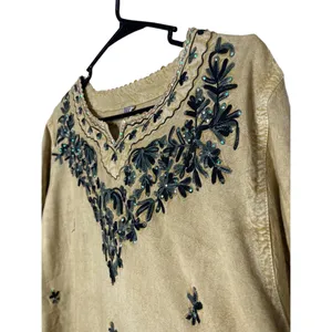 Beige Embroidered Long Sleeve‎ Pullover V Neck Bohemian Top Free Size Womens thumbnail 4