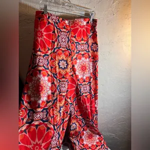 Orange Red Blue Floral Patterned Pants Trousers floral wide leg boho flowy zip L thumbnail 5