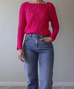 Fuchsia Pink Knit Cozy Square Neck Sweater One Size thumbnail 4