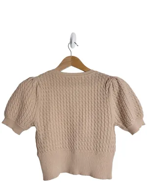 MAJORELLE Revolve Cable Knit Puff Short Sleeve Sweater Tan Button Shoulder sz S thumbnail 2