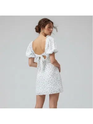 Altar’d State “Shianna” White Blue Ditsy Floral Puff Sleeve Mini Dress Size M thumbnail 3
