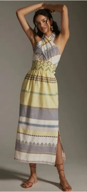Striped Halter Maxi Dress - Yellow and Gray thumbnail 1