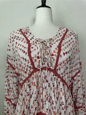 Miss Me Boho Woven Pointelle Lace Up Dolman Sleeves Peasant Top, Sz Medium thumbnail 4