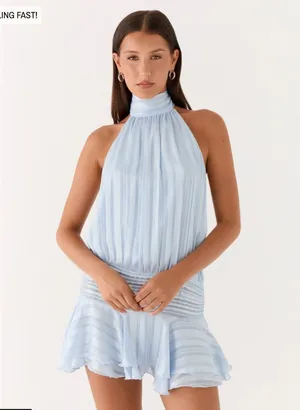 Peppermayo Willow Chiffon Mini Dress Open Back Mini Dress in Blue thumbnail 1