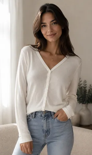 VTG Styl New York White Cream M Button Up Ribbed Sweater Cardigan Minimalist Y2K thumbnail 1