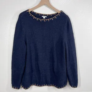 Pure Jill Women's Large Navy Blue Knit Sweater Whipstitch Trim Cotton Blend‎ thumbnail 2