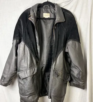 Vintage Comint‎ Mixed Leather Suede Coat 1X Oversized Drawstring Black thumbnail 1