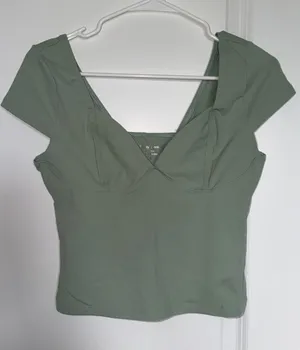 Sage Green V-Neck Cap Sleeve Crop Top thumbnail 1
