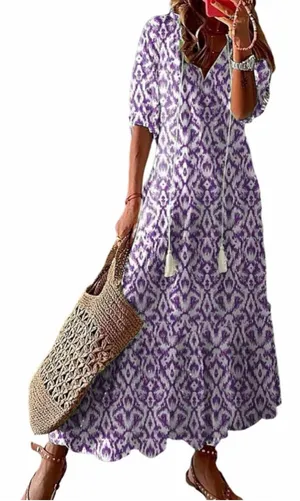NEW Floral Loose Lightweight Beach 3/4 Ruffle Sleeve Maxi Dress V Neck A Line M thumbnail 1