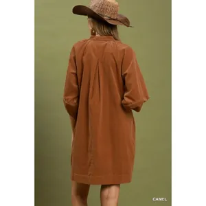 Umgee Corduroy V-Neck Puff Sleeve Shift Dress with Pockets - Camel - Small thumbnail 3