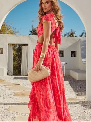 VICI Carlita Ruffle Cutout Maxi Dress Red Pink Tropical Size Medium M thumbnail 2