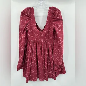 Asos Design‎ Red Burgundy Cotton White Polka Dot Babydoll Mini Dress Size 10 thumbnail 3
