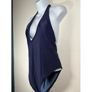 Aerie One Piece Swimsuit Medium Navy Blue Plunging Halter Neck‎ Open Back Swim thumbnail 2