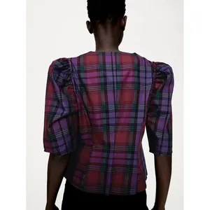 Zara Plaid Puff Sleeve Blouse‎ Women Size Medium Purple Red V-Neck Button Front thumbnail 3