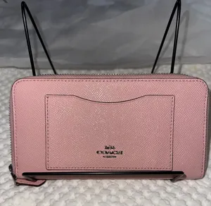 Coach Saffiano-Style Pink Zip Wallet with Front Card Pocket thumbnail 1