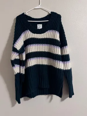 NWT AERIE Striped Crewneck Sweater in Black, Cream & Lavender thumbnail 1