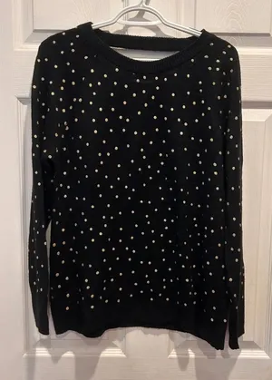 LOFT Black Gold Metallic Polka Dot V-Back Long Sleeve Sweater Size L NWT Festive thumbnail 1