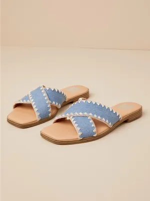 DV by Dolce Vita Light Blue Denim Cross-Strap Slide Sandals with Cream Stitching thumbnail 2