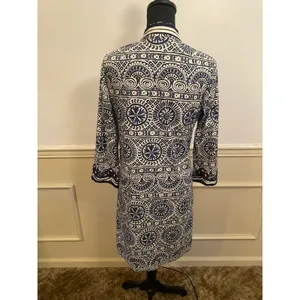Tory Burch Tunic Shift Dress Mosaic Navy Blue White Tile Work Design Coastal thumbnail 3