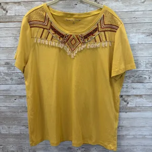 Rebecca Malone Womens XL Top Southwestern Yellow Embroidered Boho Tassel Fringe thumbnail 1