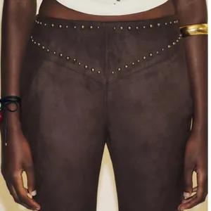 Zara NWT brown studded faux suede embellished pants thumbnail 5