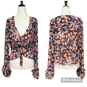 FREE‎ PEOPLE Maybel Sheer Floral Tie Front Peplum Top Crop Black Pink Small New thumbnail 2