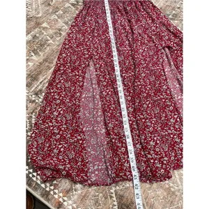 Cottagecore Boho Off Shoulder smocked Floral Maxi Dress Beach Slit Red white M/L thumbnail 12