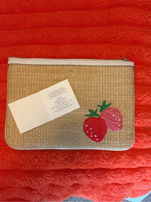 Kate Spade HAND MADE Straw Woven Pouch with Strawberry Embroidery. thumbnail 4