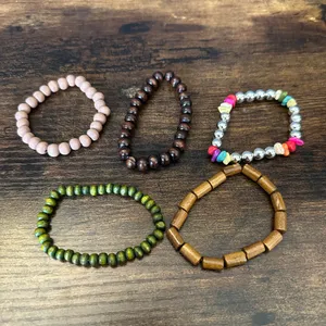 Layered Beaded Bracelet Set - Green, Brown, Pink Accents thumbnail 3
