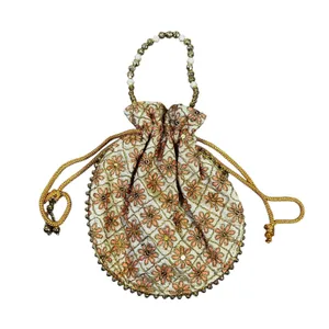 Designer Evening Clutch Beaded Handle Drawstring Pouch Bag Gold thumbnail 1