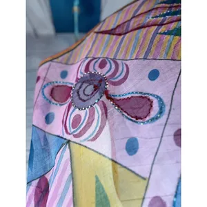 Boho Abstract Floral Scarf Pink Colorful Pattern Fringe Border Oversized Wrap thumbnail 7