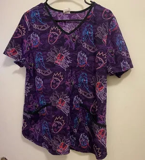 Disney Villains Womens Purple Print Scrubs Scrub Top M Medium Bust 40” thumbnail 1