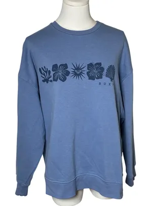 Roxy Blue Graphic Fleece Sweatshirt Women's S Coastal Surf Y2K Hibiscus thumbnail 1