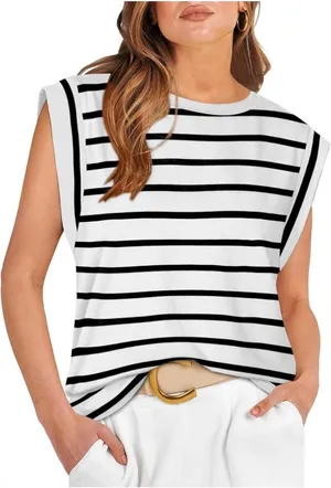 Striped Black and WhiteCap Sleeve Women's Top thumbnail 1