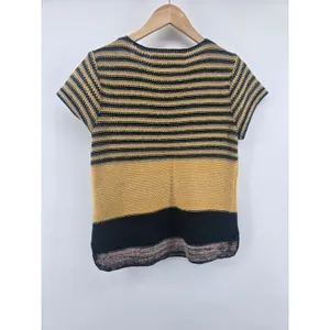 Change of‎ the Moon Sweater Top Womens Medium Yellow Black Striped Henley Knit thumbnail 3