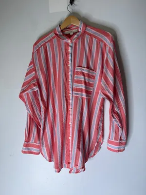 Loft Light Weight Cotton Collar Button Down Oversized Red Blue‎ White Stripe s thumbnail 1