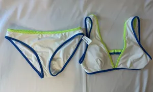 aerie White Bikini Set with Blue and Neon Green Trim thumbnail 1