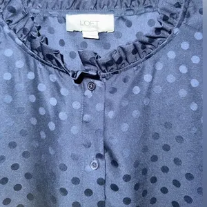 LOFT Navy Blue Ruffled Collar Polka Dot Button Down w/ Gathered Long Sleeves thumbnail 3