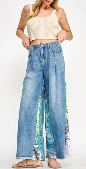 Sage & Fig Wide Leg Denim Jeans with Pastel Bandana Inset - Light Blue thumbnail 1