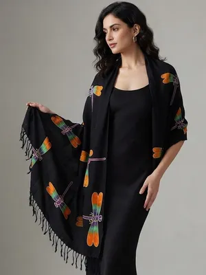Dragonfly Scarf Shawl 65” x 41” Black/Orange/Teal/Purple EUC thumbnail 1