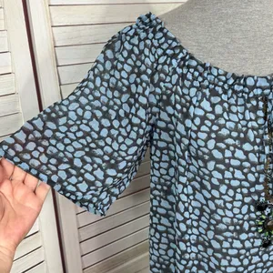 Moda International Printed Beaded Sheer‎ Peasant Blouse Blue Black Medium thumbnail 5